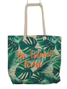 Tropical Leaf "On Island Time" Canvas Tote Bag Vacation Vibes